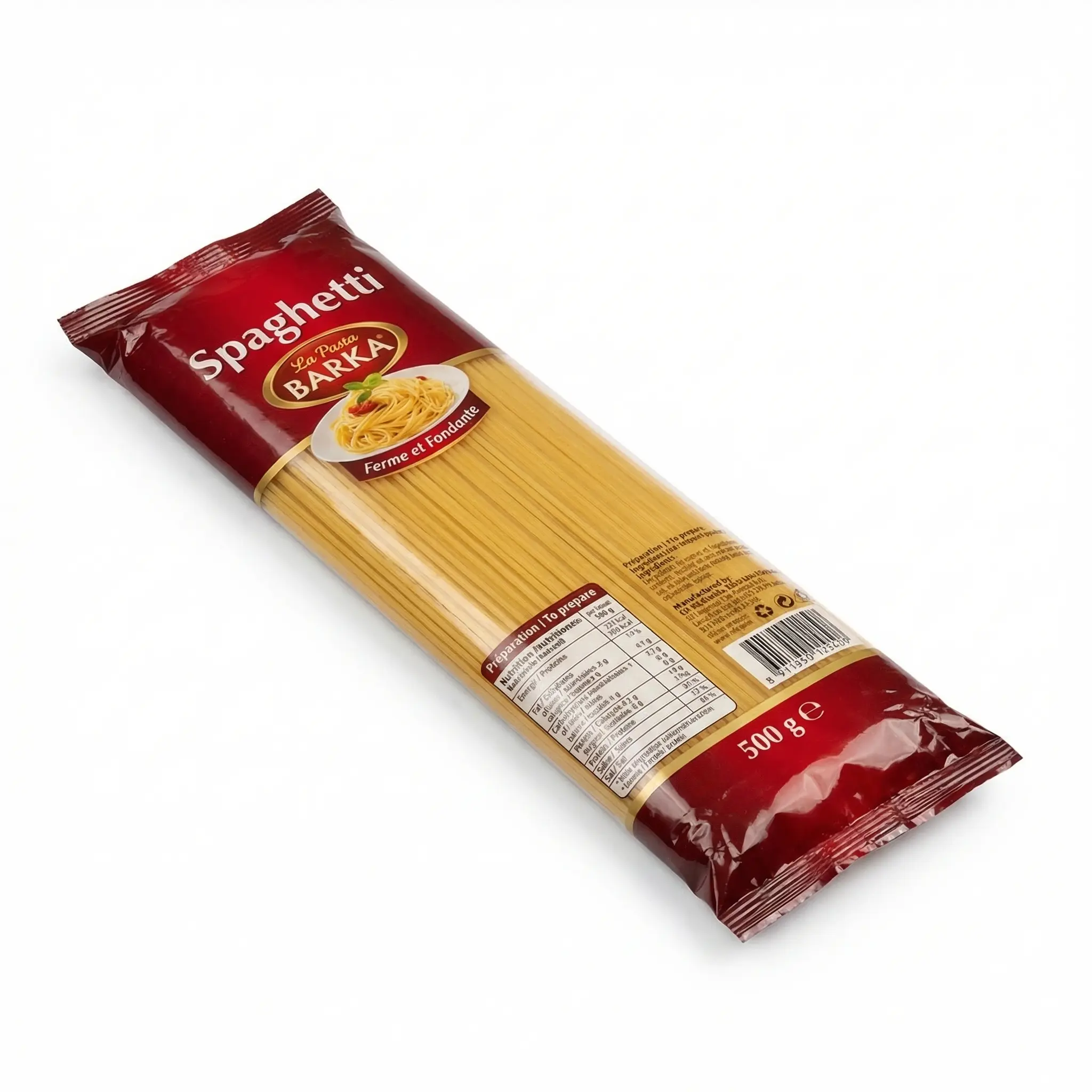 Vue latérale paquet spaghetti La Pasta Barka 500g format familial